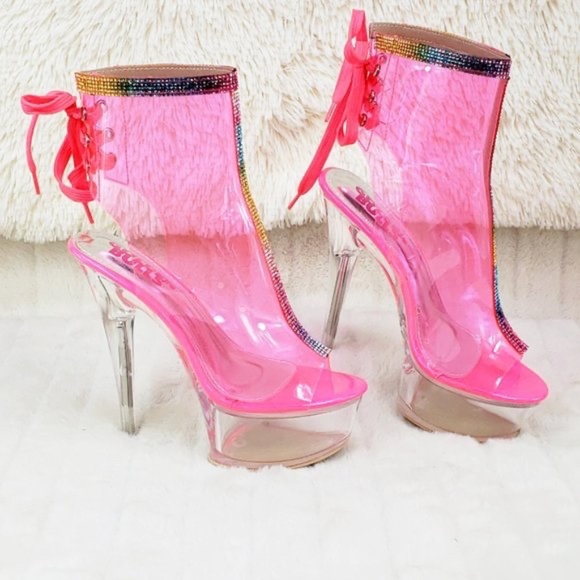 Golden Bulls Clear Pink Heels With Rhinestone s Trim - Picture 4 of 7
